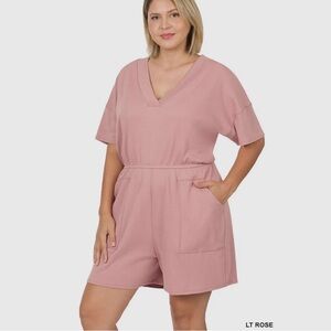 Lt Rose Plus Size Drop Shoulder V-Neck Romper with Pockets